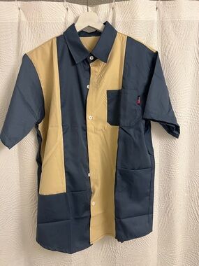 Navy and Tan Vertical Stripe Short-Sleeve Button-Down Shirt